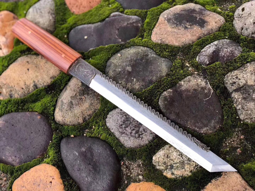 手工|素装龙背小唐刀，手工浮雕全黄铜龙形图案刀夹一体