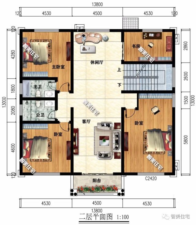 平面圖:一層設堂屋,兩室兩廳一廚兩衛,主臥室內帶獨衛,側開門方便進出