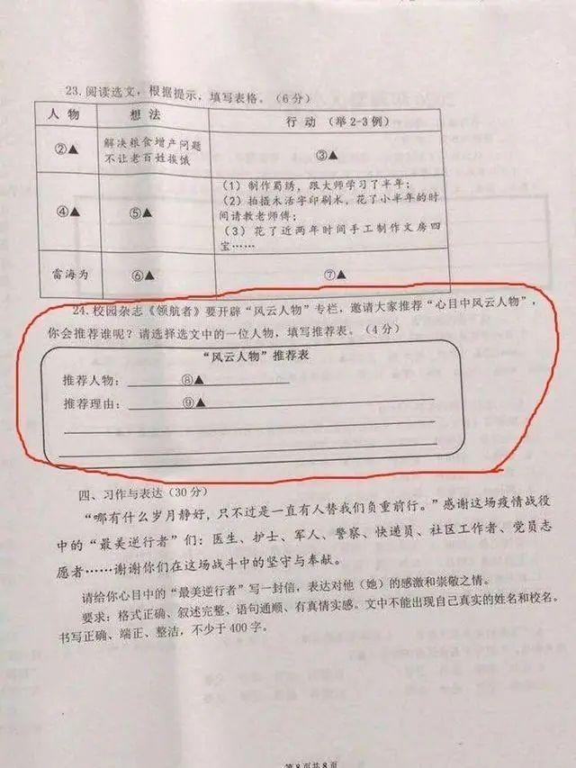 李子柒的三段材料,让学生选择为心目中的风云人物写推荐表