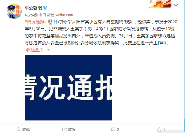北京市公安局朝阳分局|发泄情绪从13楼抛下花盆 北京朝阳一男子被刑拘