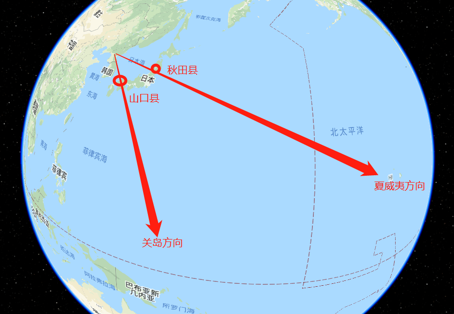 秋田县和山口县恰好处于从朝鲜-夏威夷,从朝鲜-关岛的导弹飞行直线