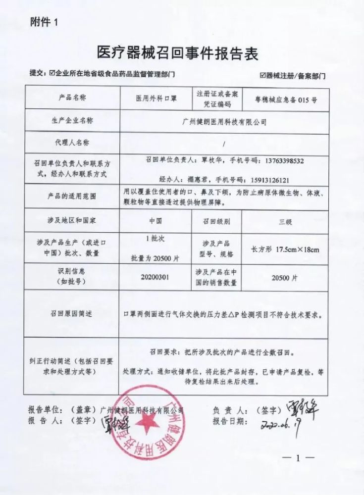 该公司对其生产的医用外科口罩实施主动召回处理,召回级别为三级,涉及