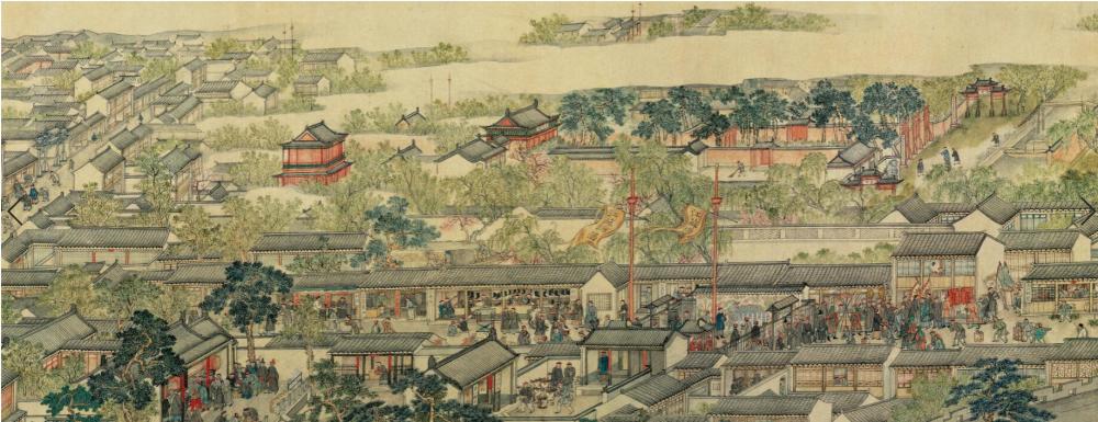 永不加赋"的富庶场景,图中展现的是江苏藩台衙门前热闹的街市景象