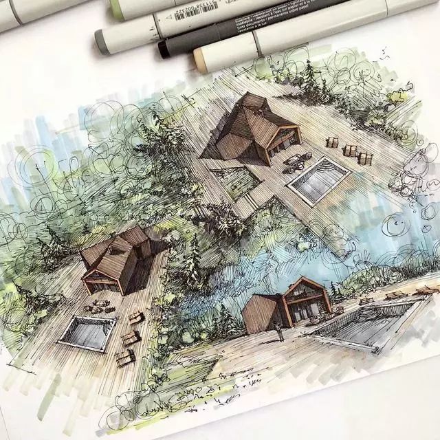 马克笔|马克笔景观手绘效果图，大视野鸟瞰透视精准到爆！