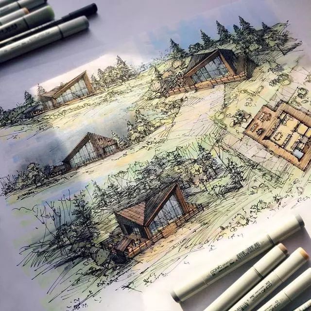 马克笔|马克笔景观手绘效果图，大视野鸟瞰透视精准到爆！