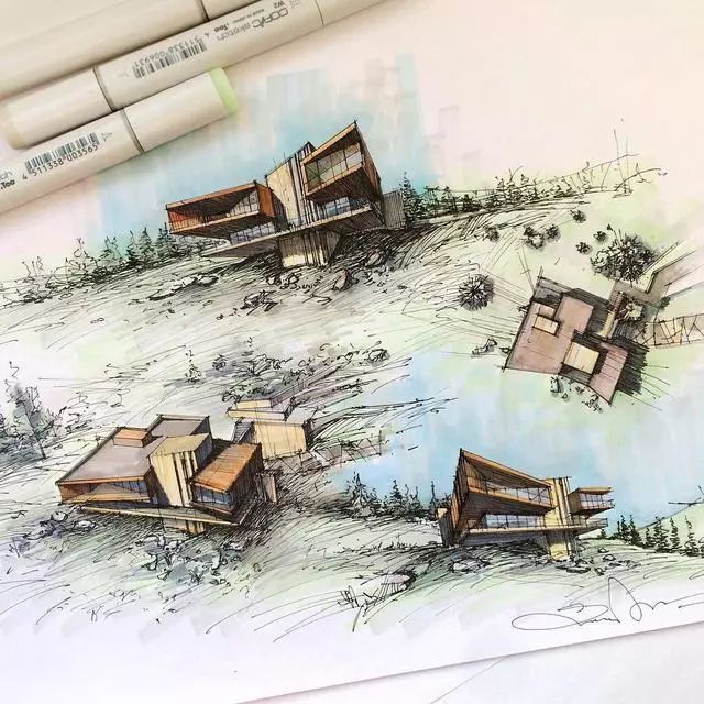 马克笔|马克笔景观手绘效果图，大视野鸟瞰透视精准到爆！