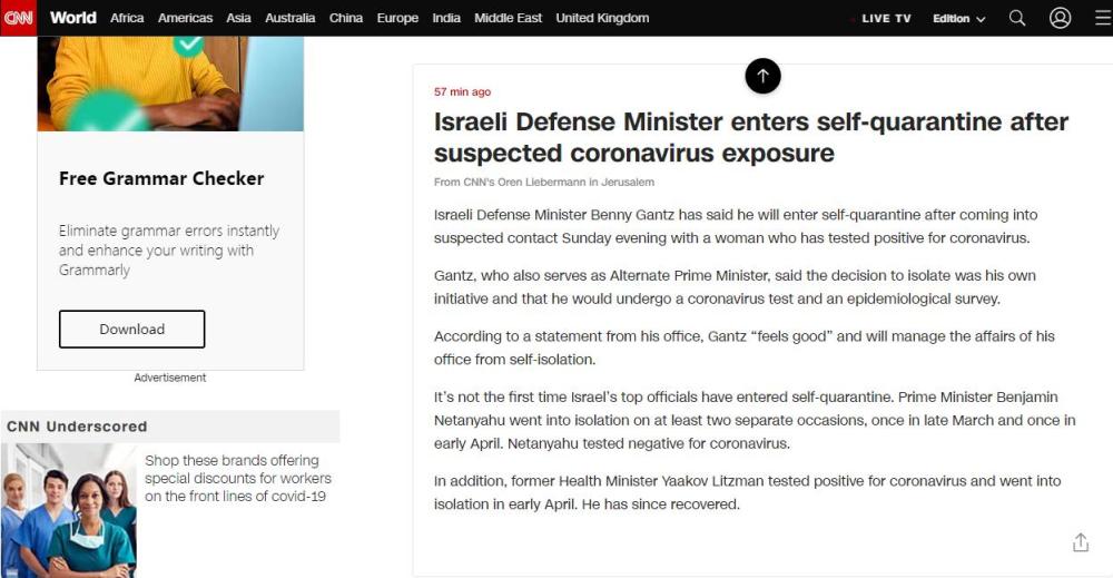 新冠病毒|以色列国防部长宣布进入自我隔离，此前曾与确诊病例接触