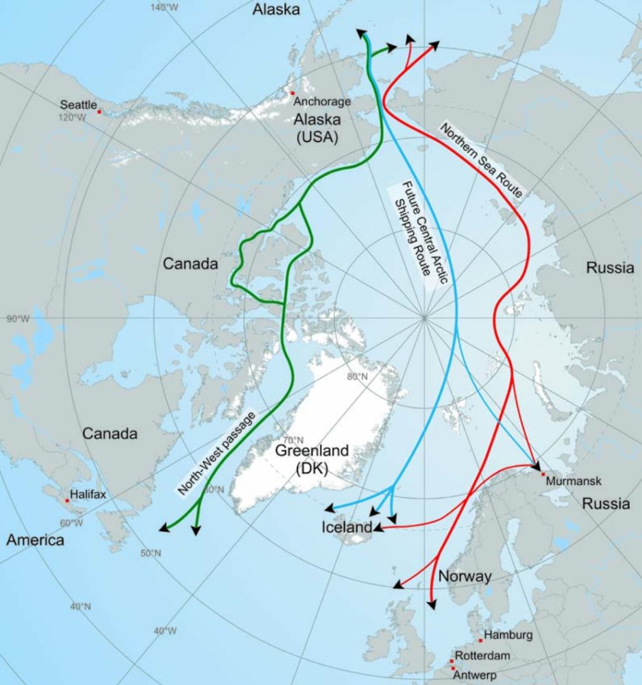 [图中红色的北极航线将是中国海上贸易的另一个选择]随着北极地区冰层
