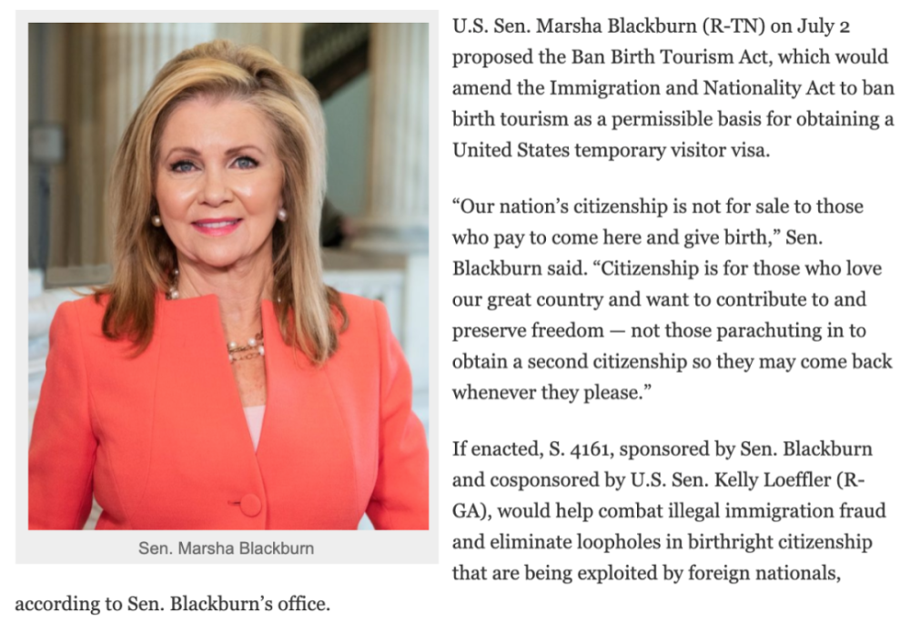 marsha blackburn表示:"在过去的二十年里,生育旅游已经成为一个相当