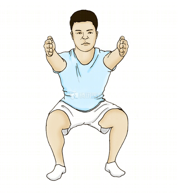 臀部继续向后推,带动双膝屈曲至蹲马步姿势;图片来源:腾讯医典2.