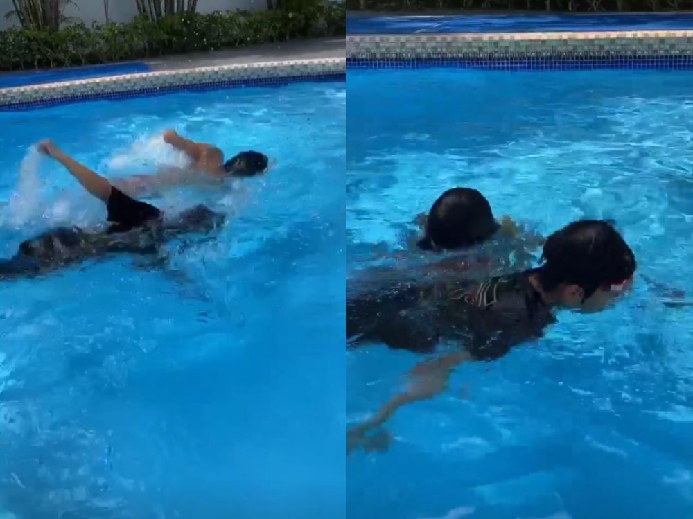 张柏芝|张柏芝带两儿子给泳池清洁卫生三观正，Lucas秀腹肌惹弟弟羡慕