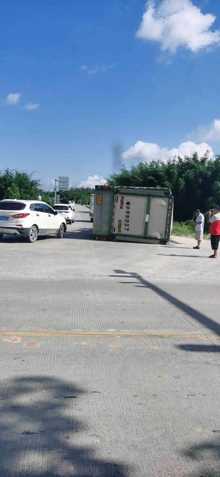 蓝塘一大货车侧翻车上猪仔满路跑