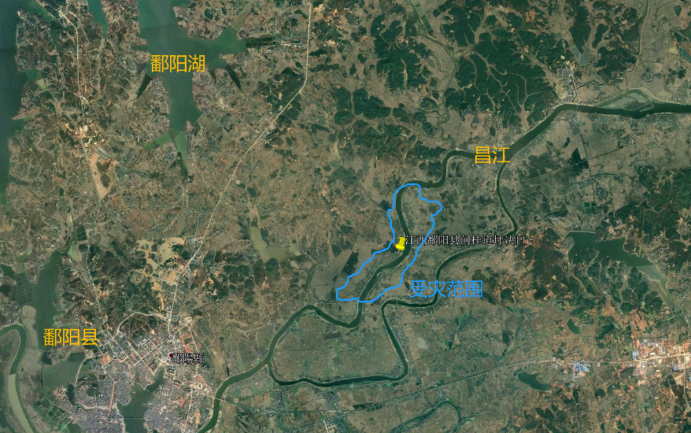 从卫星地图看江西鄱阳县圩堤决口在哪里