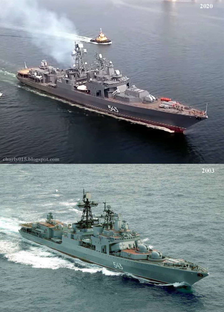 从照片上看,沙波什尼科夫号驱逐舰在前部上层建筑上的三个雷达被