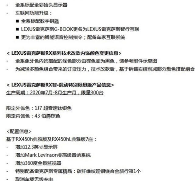 疑似雷克萨斯新款RX配置 小幅升级/增限量版车型