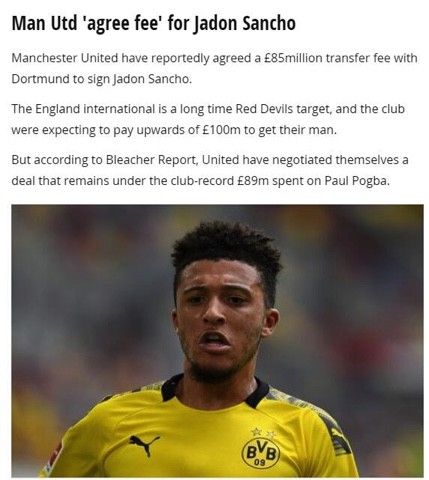 英媒曝曼联重磅引援达协议8500万镑签下桑乔穿7号球衣