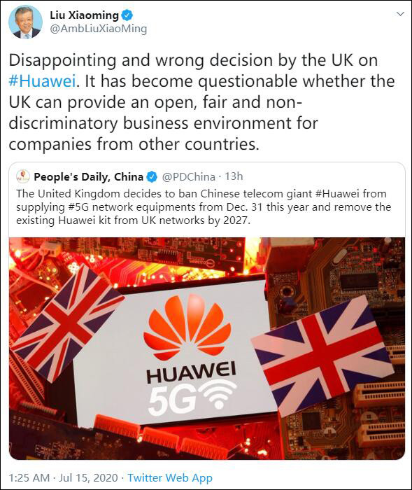 英国_时政|中国驻英大使刘晓明：英国禁止华为错误且令人失望