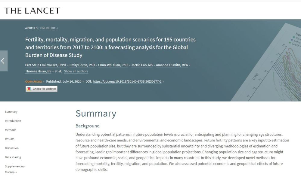 生育率|《柳叶刀》刊文：本世纪末全球出生率显著下降 人口老龄化严重