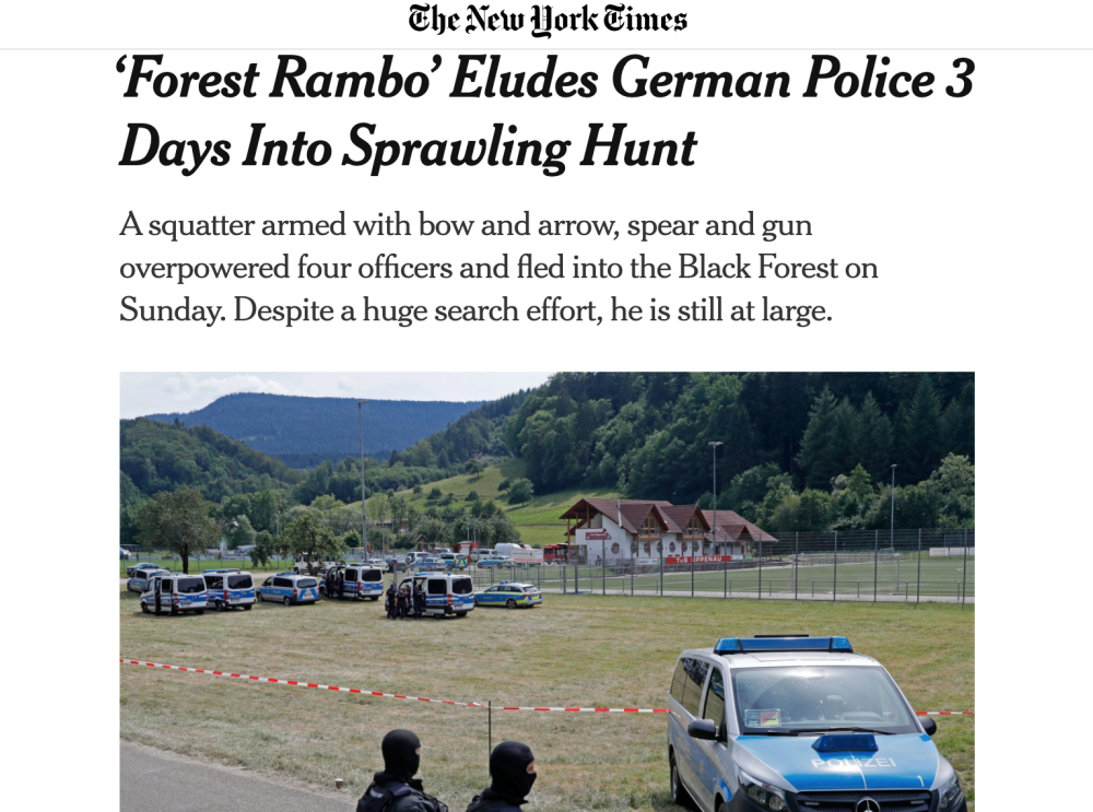 警察|悍匪学起史泰龙？德男子持弓箭夺警枪躲进深山，上千警力苦寻3天未果