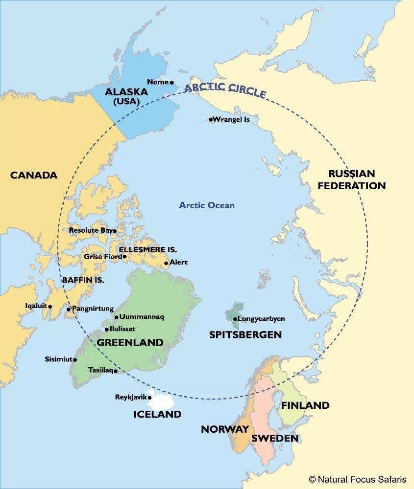 位于北极圈内的俄罗斯以及其他国家的北极领土示意图.