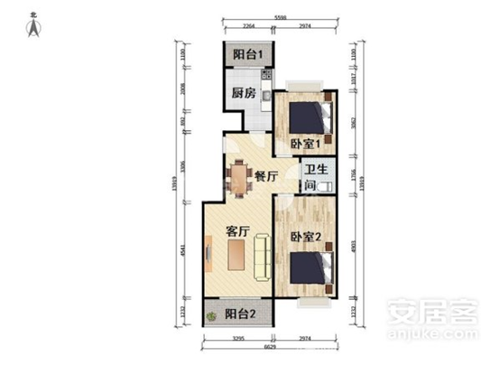 商品房|四环边，首付130万，南北通透商品房两居