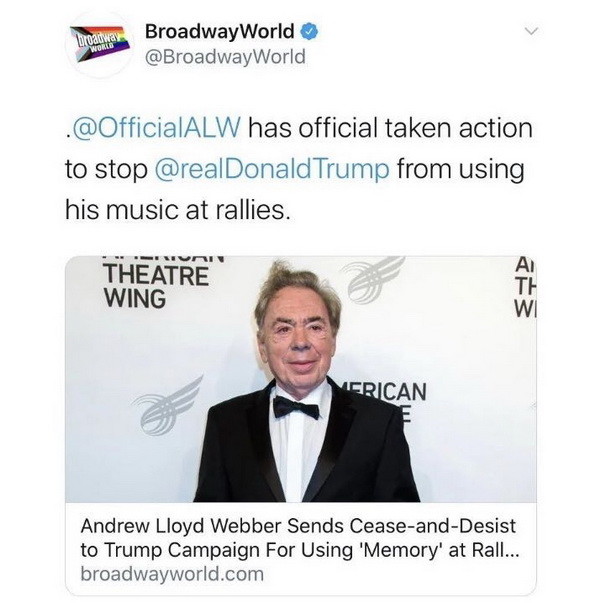 特朗普|韦伯要求特朗普停止在竞选集会使用歌曲《Memory》