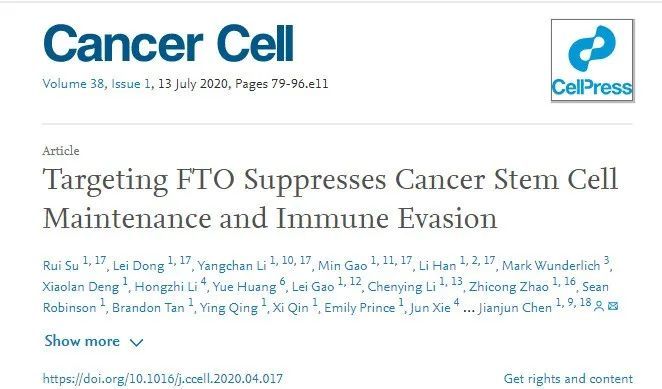 中科院上海药物所|Cancer Cell：中科院上海药物所再发文，FTO靶向药真的来了