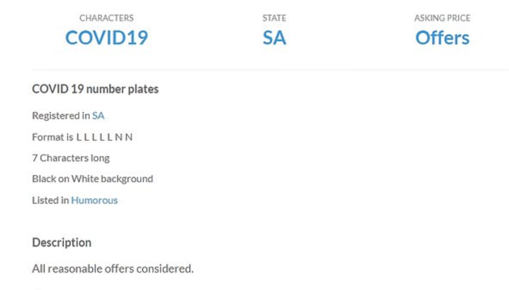 阿德莱德机场|澳洲一宝马车牌号和“新冠病毒”同名，被当成纪念品挂到网上拍卖