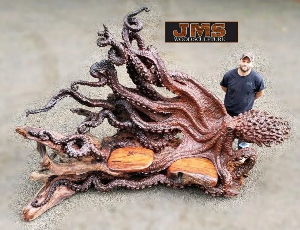 木雕|太帅了！从一根木头到4米长的巨型章鱼木雕，创作过程曝光