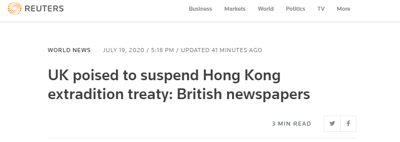 香港|英媒：英方周一将宣布暂停与香港引渡协议，但反对加剧与北京紧张