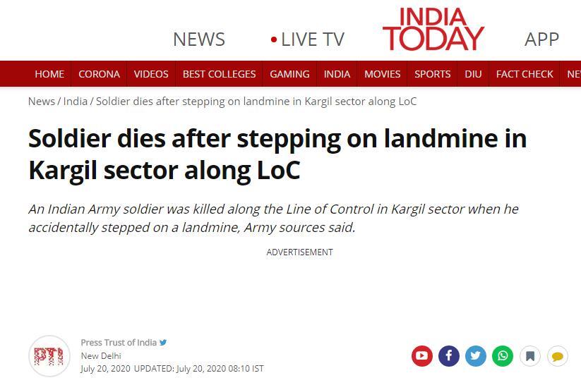 印巴|印媒：印度一士兵在印巴实控线附近意外踩雷后死亡
