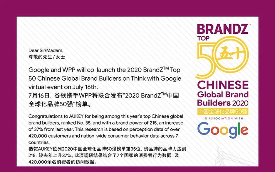 Aukey上榜2020 Brandz中国全球化品牌50强名列第35 腾讯新闻