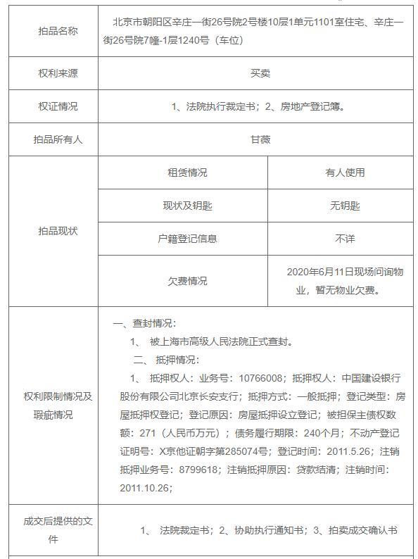 贾跃亭|贾跃亭前妻甘薇拍卖北京东四环房产：1545万起拍，车位评估价47万