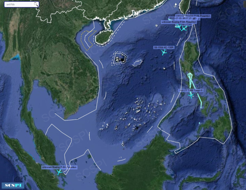 7月3日,美國軍機在南海海域的飛行軌跡(圖源:scspi平臺)