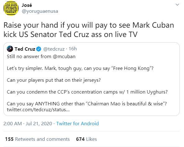 泰德·克鲁兹|美反华政客发疯逼NBA亿万富豪骂中国，对方回得痛快！