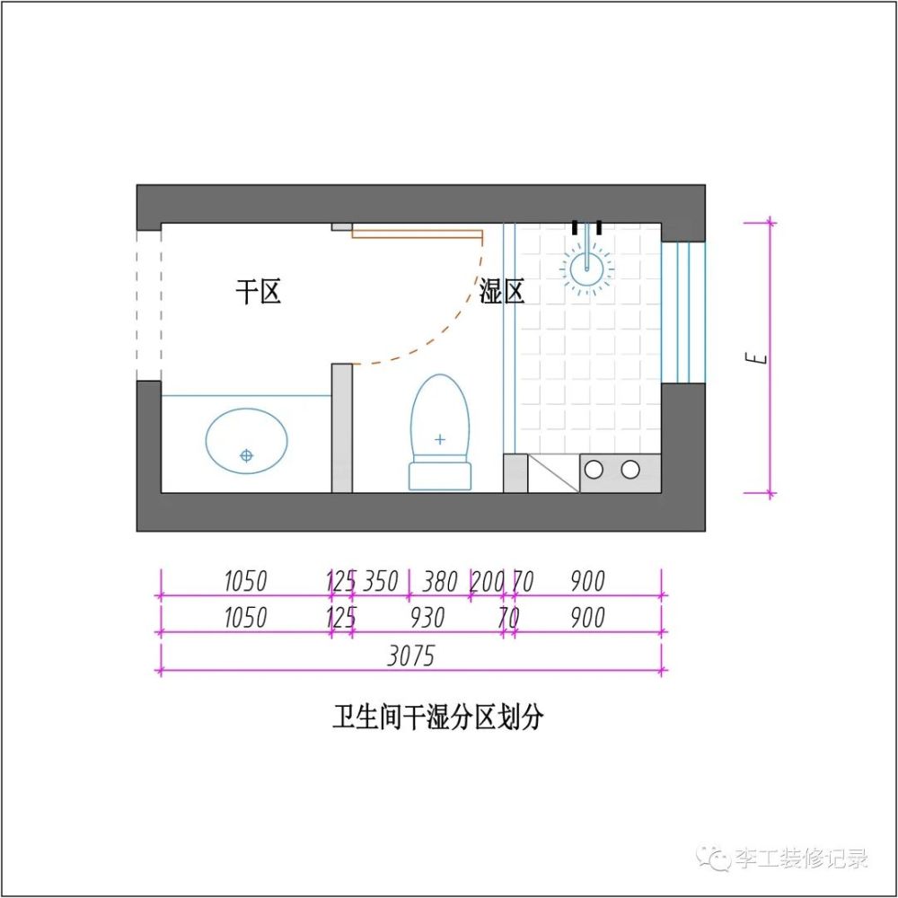 淋浴房:完成貼磚後的淨尺寸保留85公分,原牆算上貼磚厚度5,再算上擋水