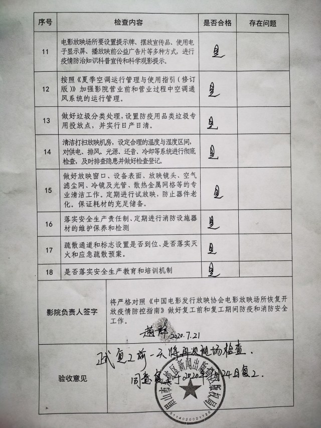 于7月24日正式复工同意影城这张来之不易的"复工验收批复"他们终于