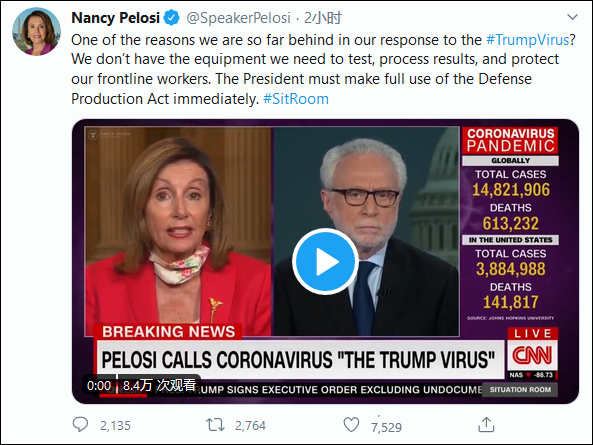 佩洛西|佩洛西称“特朗普病毒”正残害美国，话题迅速冲上推特热搜