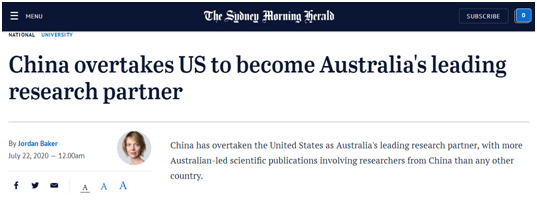 澳大利亚_时政|澳大利亚媒体：中国超越美国，成为澳大利亚最大研究合作伙伴