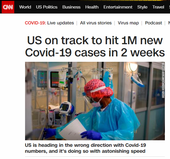 美国有线电视新闻网|美媒：美国新冠确诊病例从300万增至400万或只需两周！
