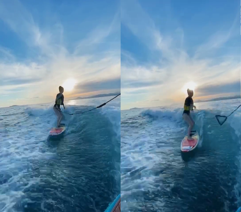 angelababy|baby晒冲浪视频又美又飒，与黄晓明小海绵一起乘风破浪