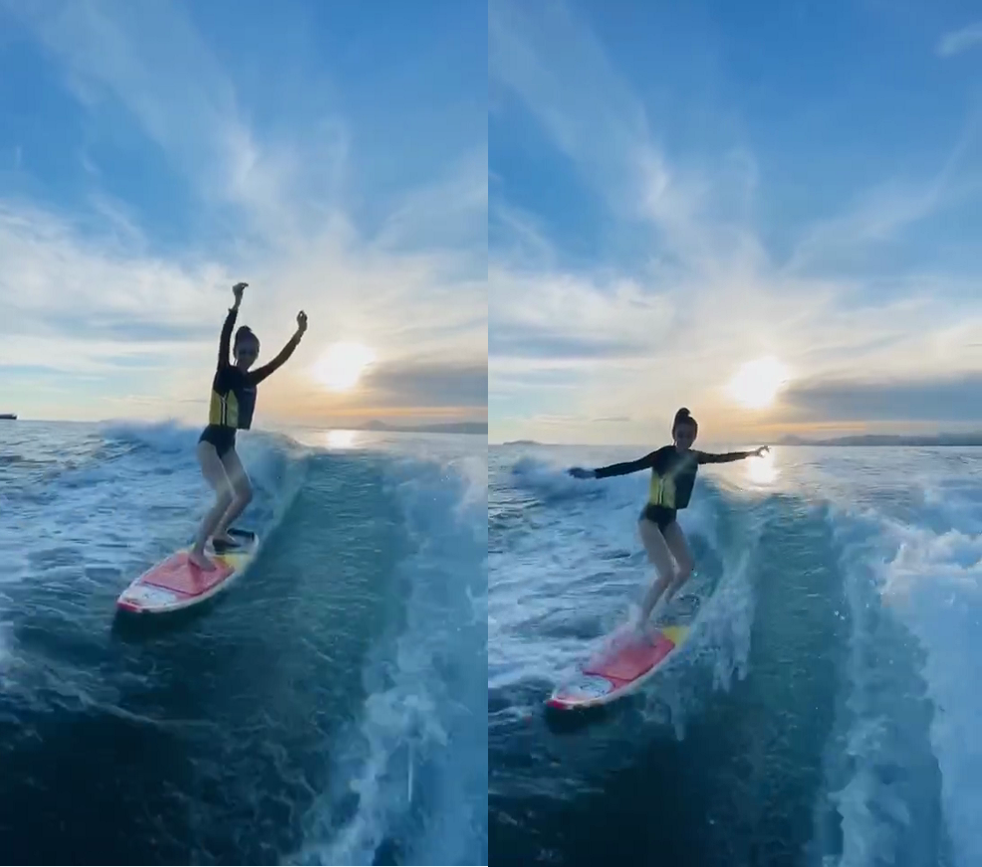 angelababy|baby晒冲浪视频又美又飒，与黄晓明小海绵一起乘风破浪