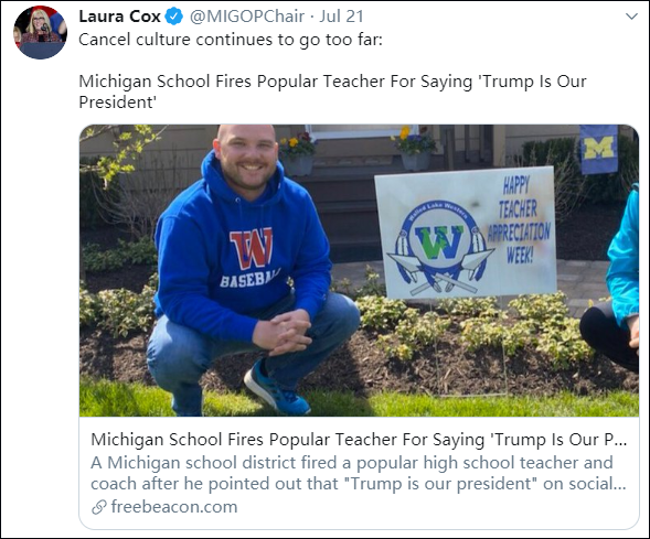 特朗普|密歇根高中老师：我发了条支持特朗普的推特，学校把我开了