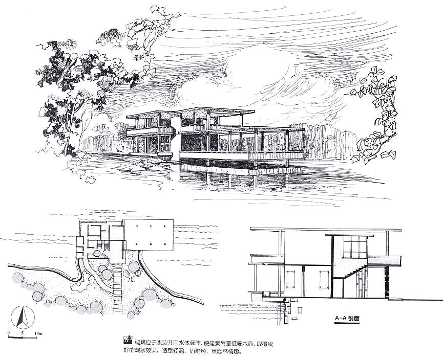 建築以超大的露臺向水面延伸,立面造型逐步退臺,整個建築顯得輕盈怡然