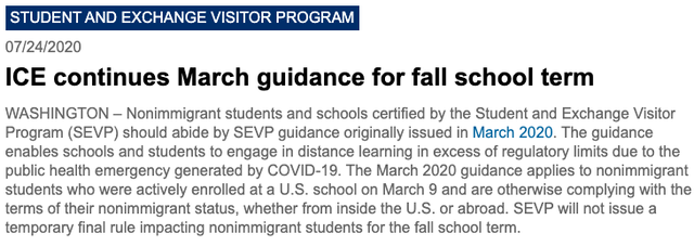 美国移民与海关执法局|特朗普又反悔了？全网课国际新生秋季将无法入美