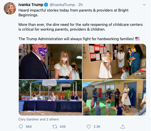 伊万卡·特朗普|伊万卡探望托儿中心裙角飞扬，和老爸一样戴口罩将鼻子露在外面