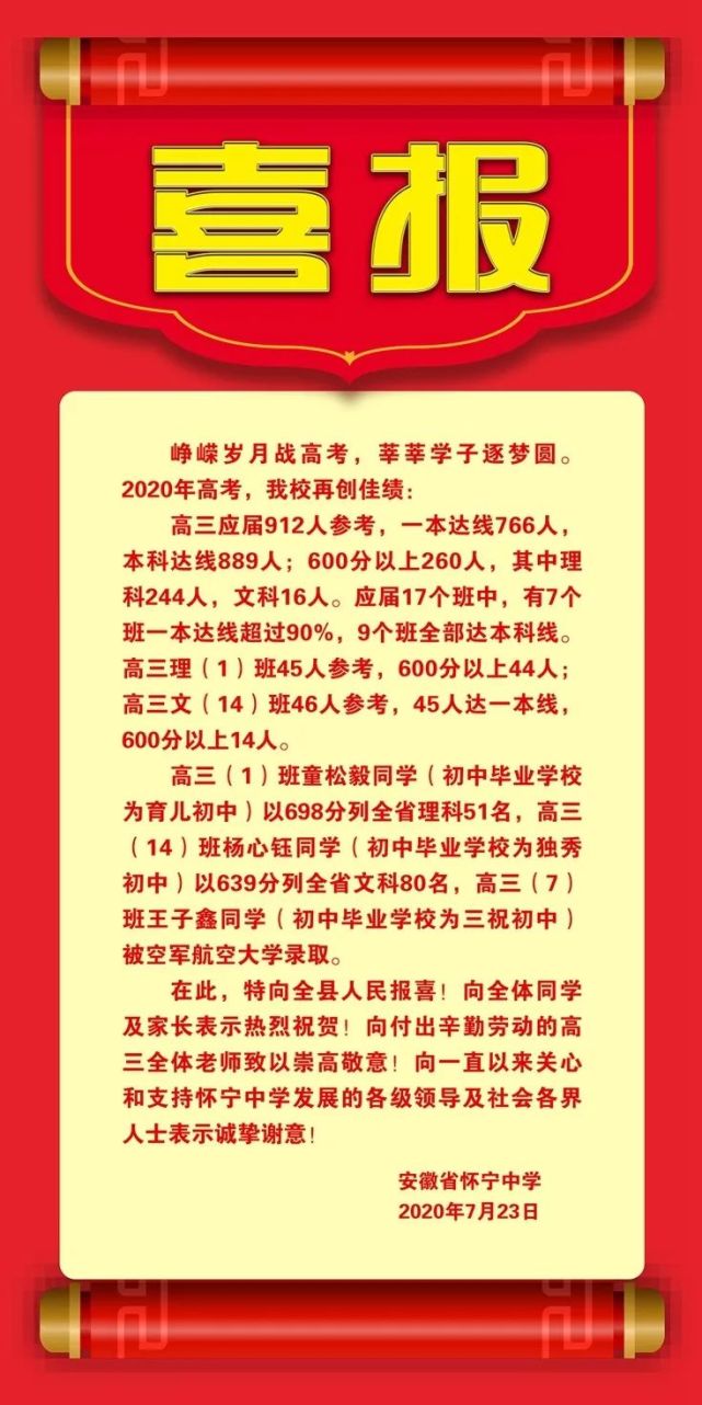 怀宁中学2020年7月23日安庆一中在此,谨向全体考生及家长表示热烈祝贺