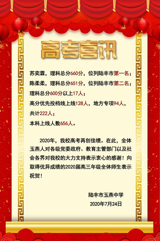 喜讯碣石玉燕中学夺得2020年高考理科陆丰第一二名
