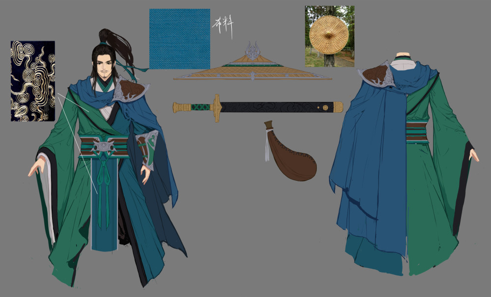 携水囊,表现其游侠身份,又令其右手按剑,左手握卷,寓意其文武双全