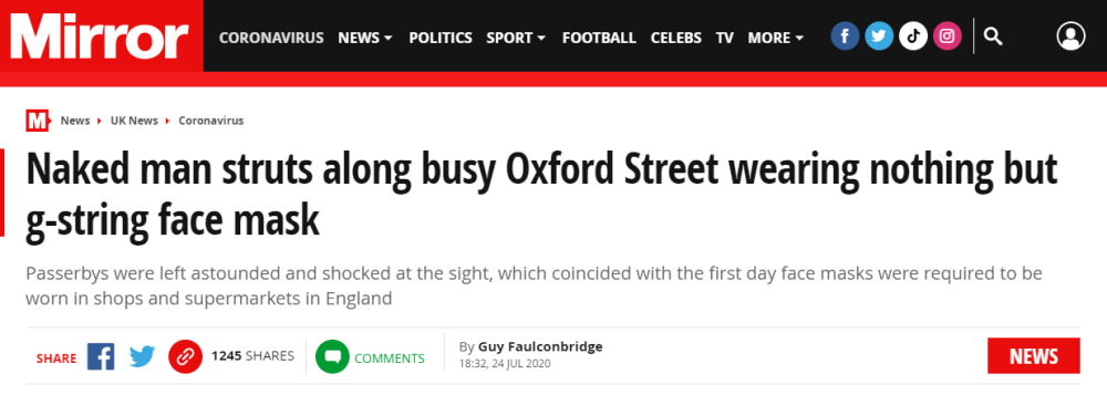 英国伦敦|奇葩！伦敦男子裸体上街，仅用“口罩”遮敏感部位